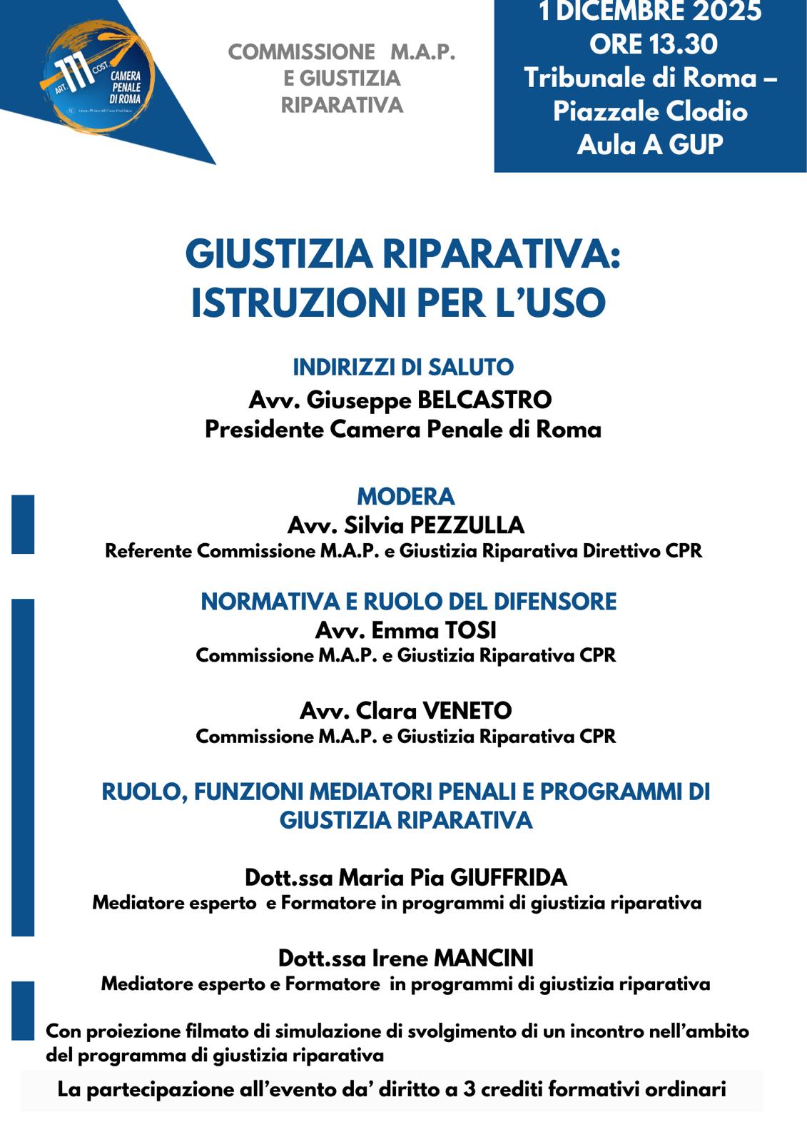 1 DICEMBRE 2025:  Giustizia riparativa: istruzioni per l'uso